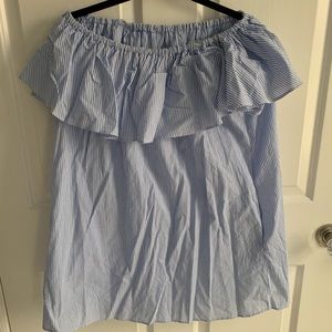 Zara Blue & White Pinstripe Off the Shoulder Dress